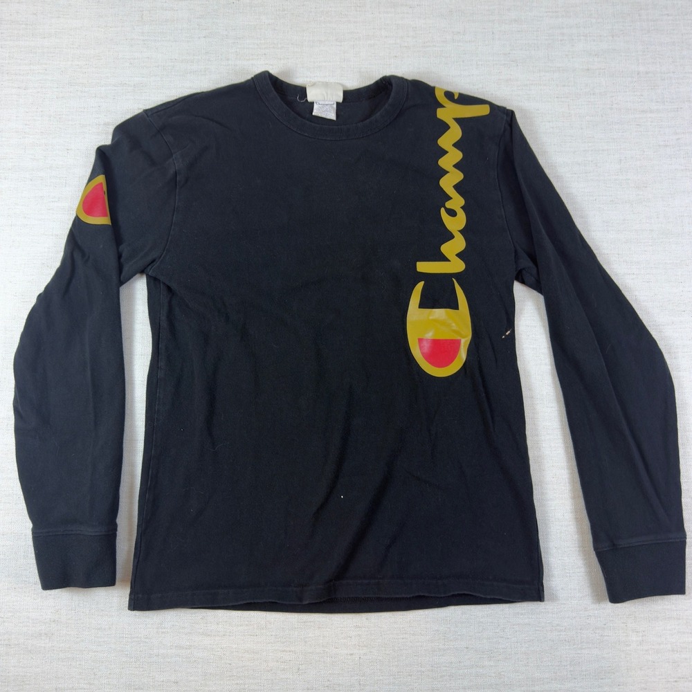 Champion Mens Small Black Long Sleeve T-Shirt Vertical Logo Graphic Tee 1635